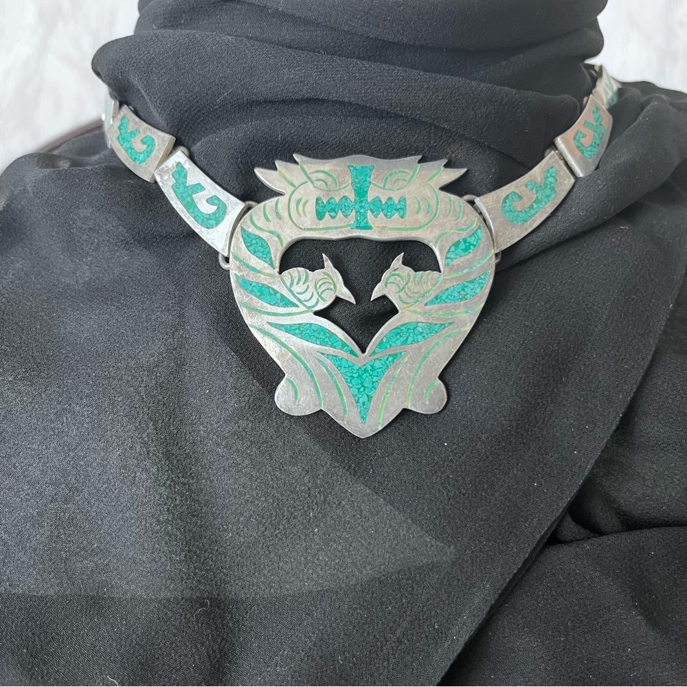 Vintage Sterling 925 Turquoise Peyote Bird Squash Blossom Necklace 16 In.